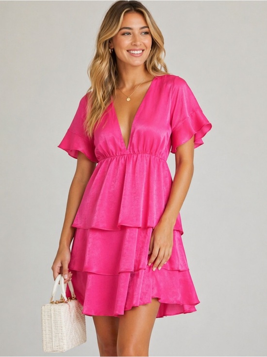 Show Me Your MuMu Dresses & Skirts - Show Me Your Mumu Pink Dulce Dress Small Tiered Ruffle V-Neck Mini